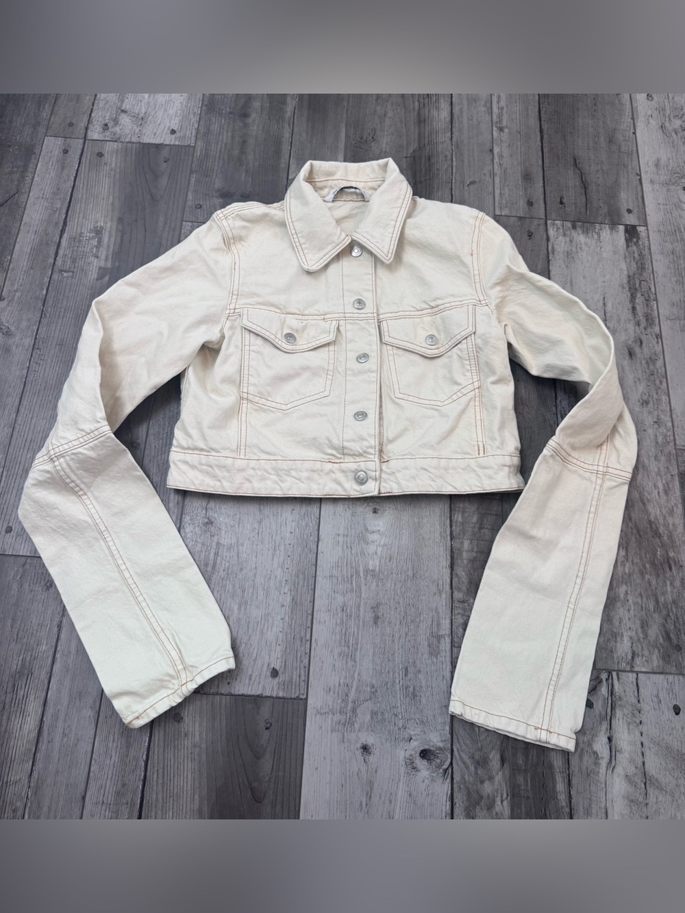 Zara Cream Cropped Trucker Denim Jacket XS